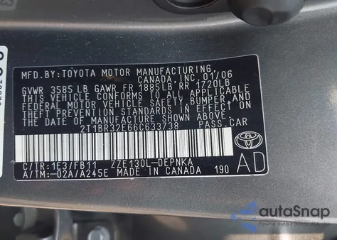 2006 Toyota Corolla Le z USA, uszkodzony, nr VIN 2T1BR32E66C633738